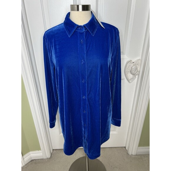New Soft Surroundings Boyfriend Shirt Velvet Tunic 14-16 Large Cobalt Blue Boho - Picture 1 of 11